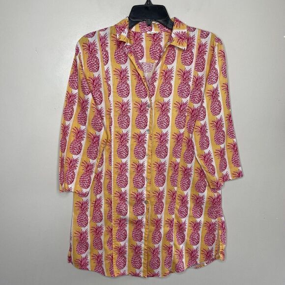 KATIA Other - KATIA Cover-Up Womens S / M Pineapple Print Button-Up Tunic Top Linen Blend Pink
